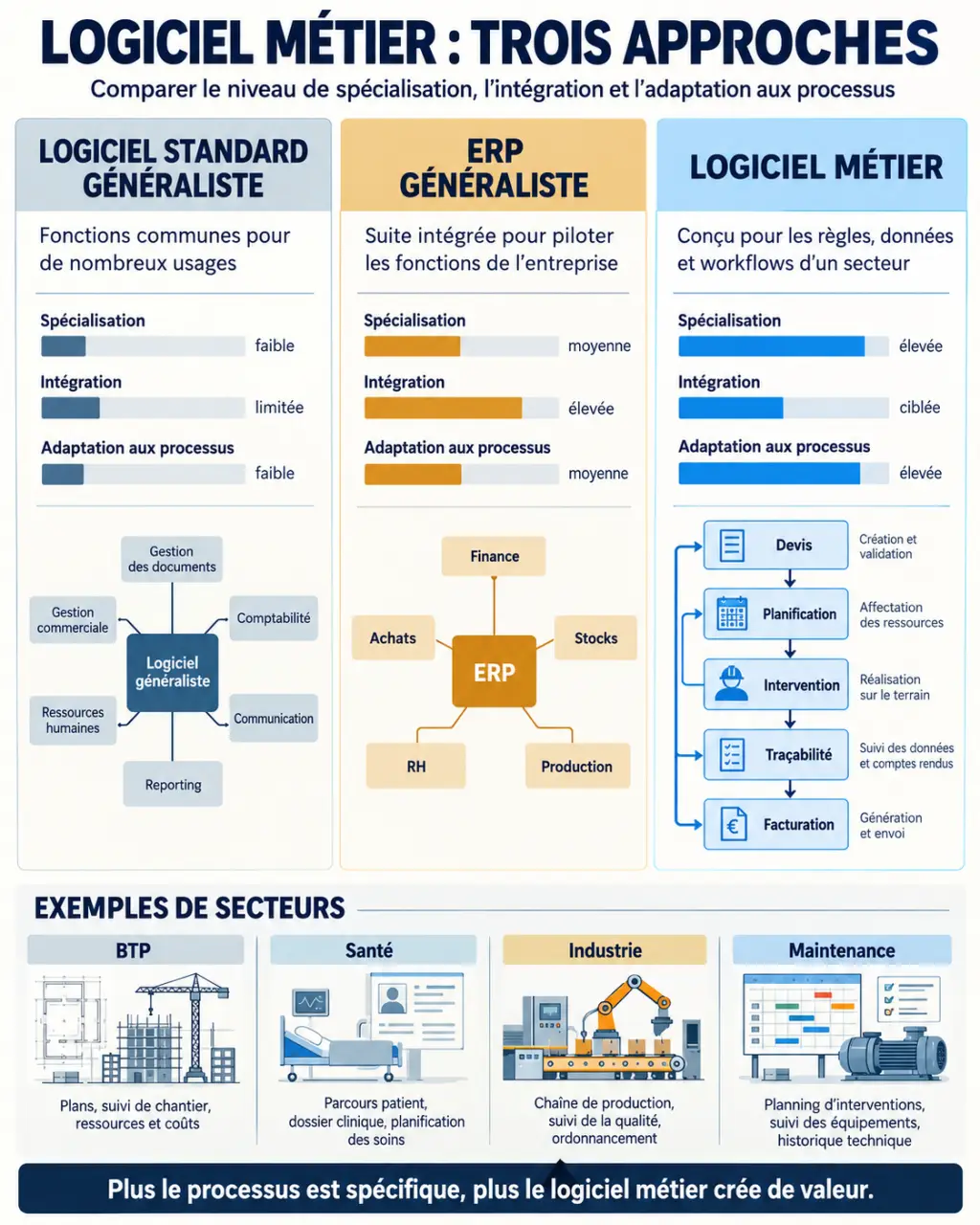 Infographie sur le logiciel métier et ses différences avec un ERP généraliste et un logiciel standard