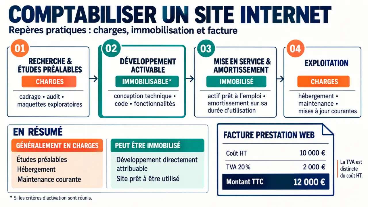 Infographie sur la comptabilisation d’un site internet, distinguant charges, immobilisation, TVA et amortissement