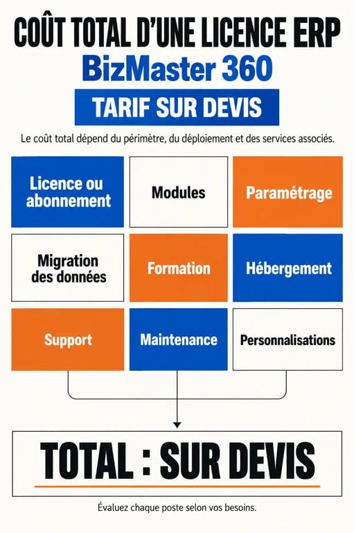 Infographie du prix de licence ERP BizMaster 360 et des coûts du projet