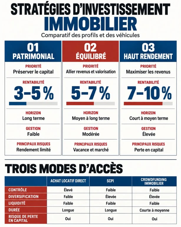 Infographie comparative sur la stratégie investissement immobilier, les rendements et les risques