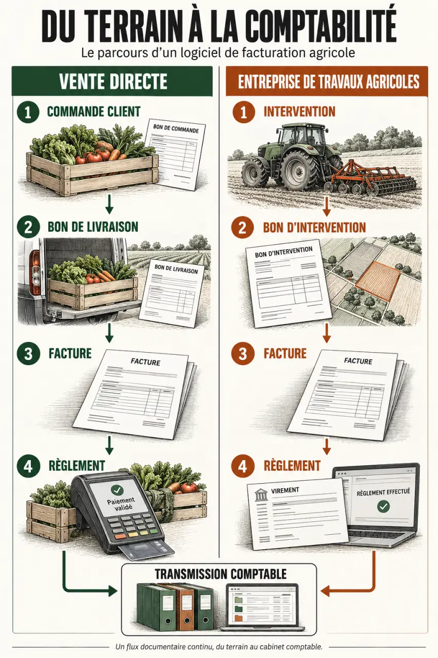 Logiciel de facturation agricole reliant commandes, chantiers, factures et comptabilité