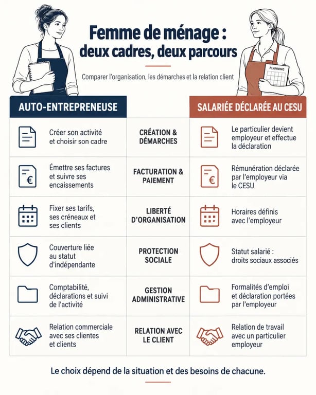 Infographie auto entrepreneur femme de menage ou CESU : comparaison des statuts et des démarches