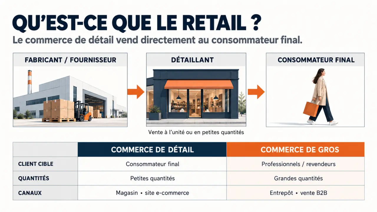 Schéma visuel expliquant ce qu’est le retail et la différence avec le commerce de gros