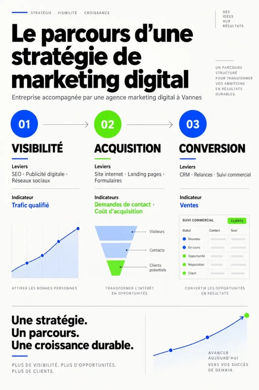 Infographie d'une stratégie d'agence marketing digital à Vannes reliant visibilité, acquisition et conversion
