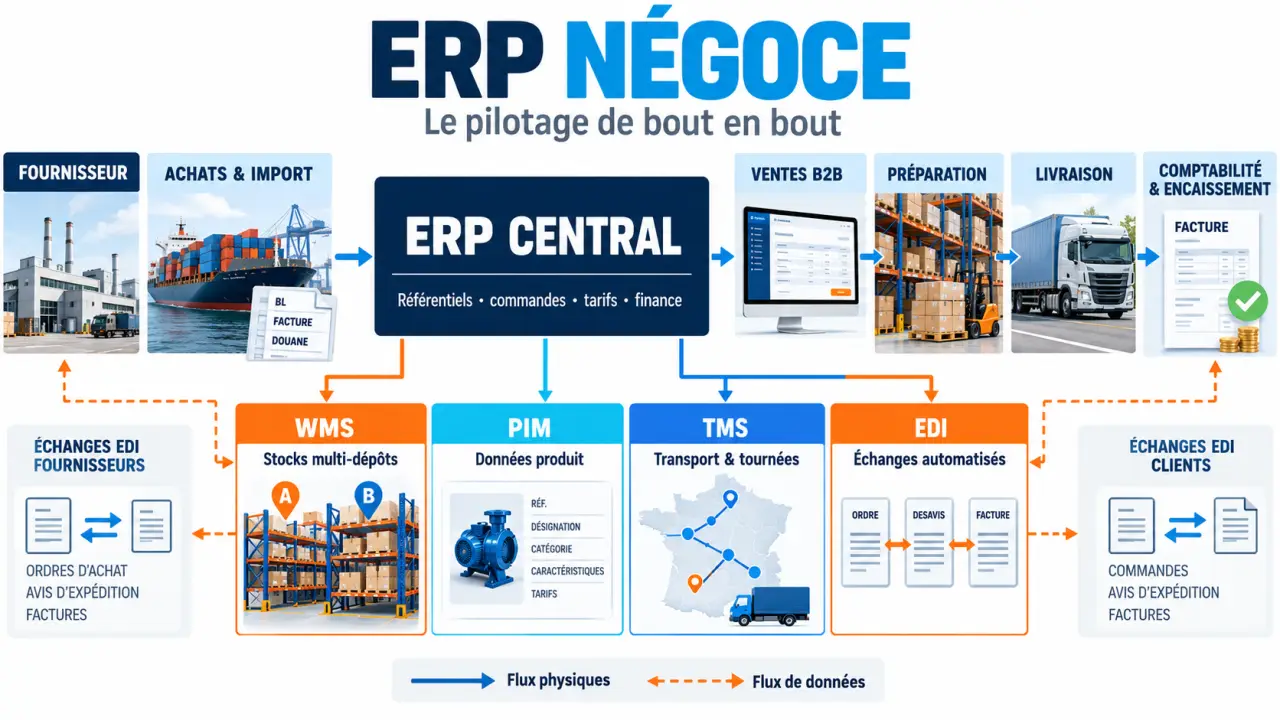 ERP négoce reliant achats, stocks, ventes, logistique et comptabilité