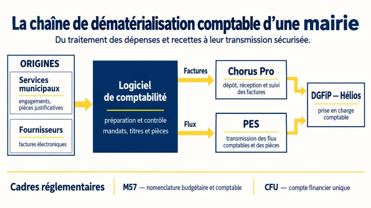 Logiciel comptabilité mairie : schéma de la chaîne entre Chorus Pro, PES, Hélios et la M57